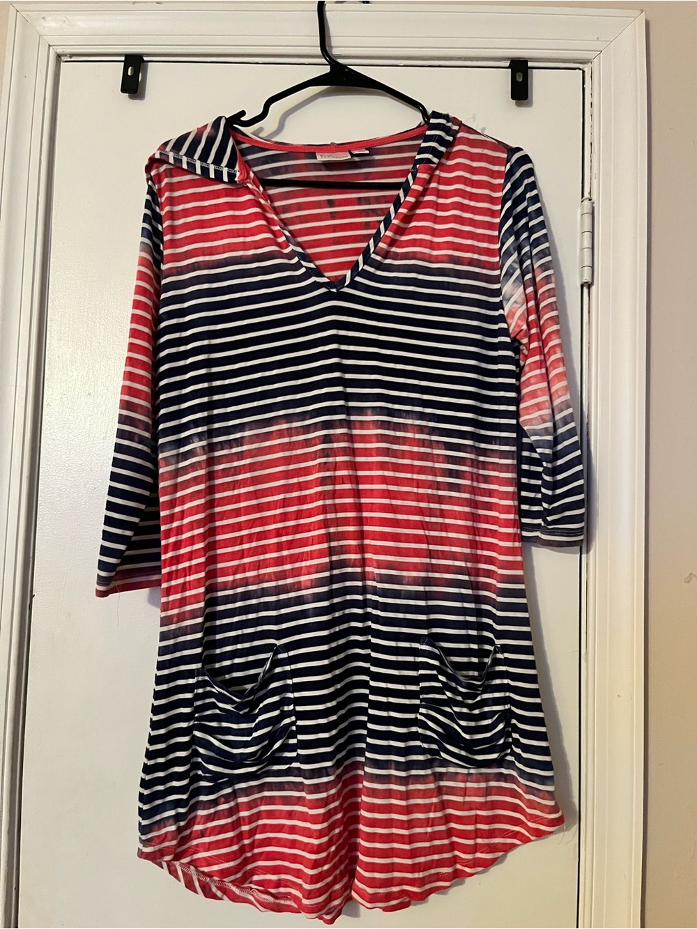 Blue Caribbean Beachwear Hooded Cover Up Dress Womens Medium Striped Red Blue